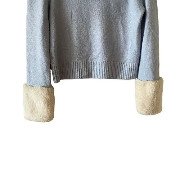 ZARA FAUX FUR TRIM Cream Fur Cuffs  KNIT BLEU SWEATER CROP  SOFT SZ S # 1725 - Picture 5 of 15